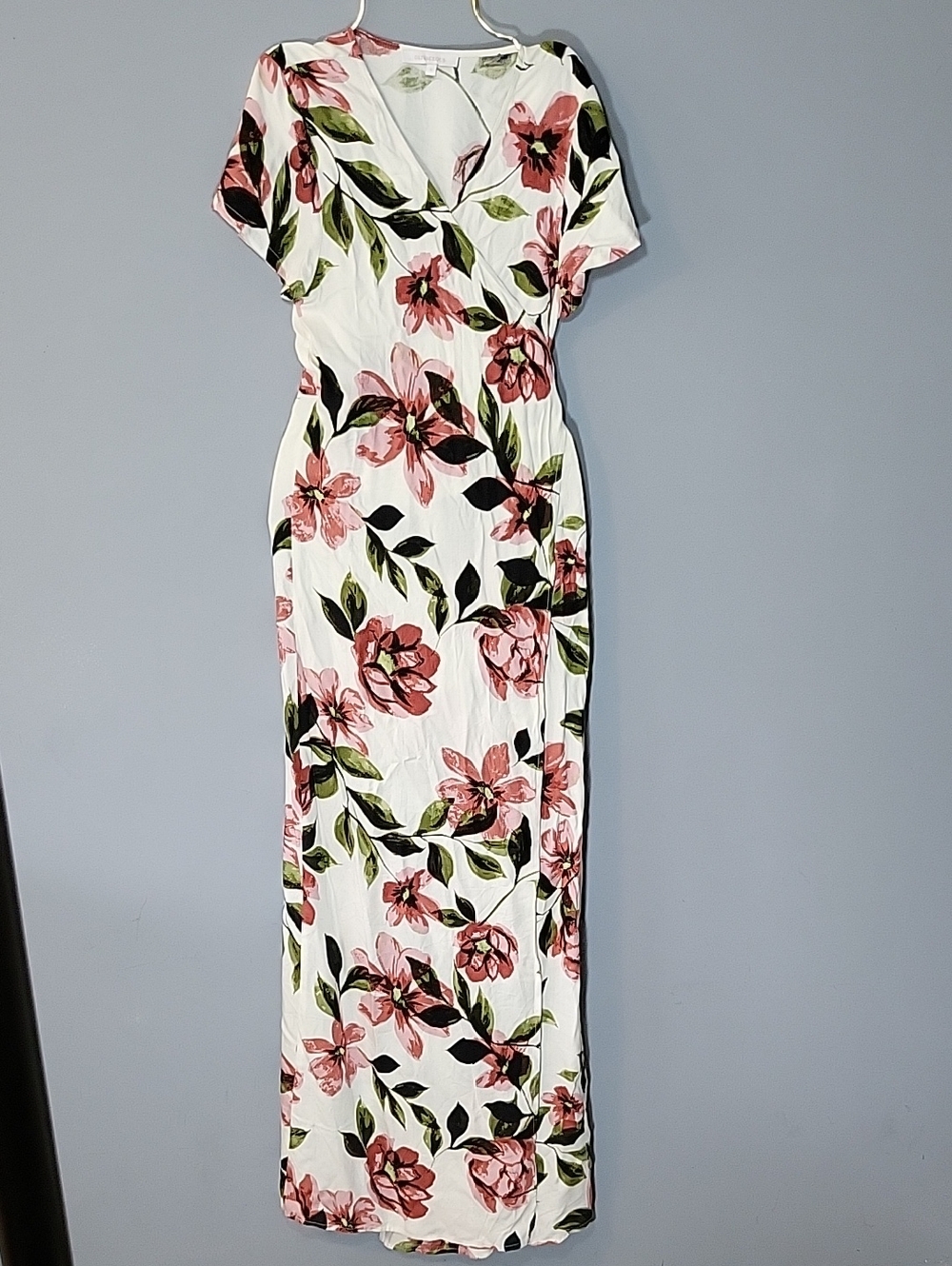 Olivaceous Size Small Full Wrap Maxi Dress with Pink and Green Tropical Floral